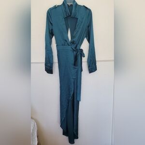 Jluxlabel Dress Green Teal Long-Sleeve Satin Wrap Dress